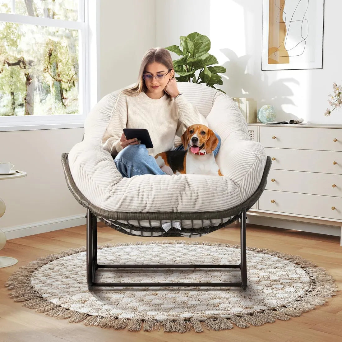 Oversized Papasan Swing Seat with Rocking Base – Curved Rattan Design