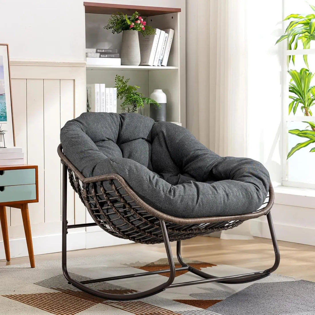 Oversized Papasan Swing Seat with Rocking Base – Curved Rattan Design